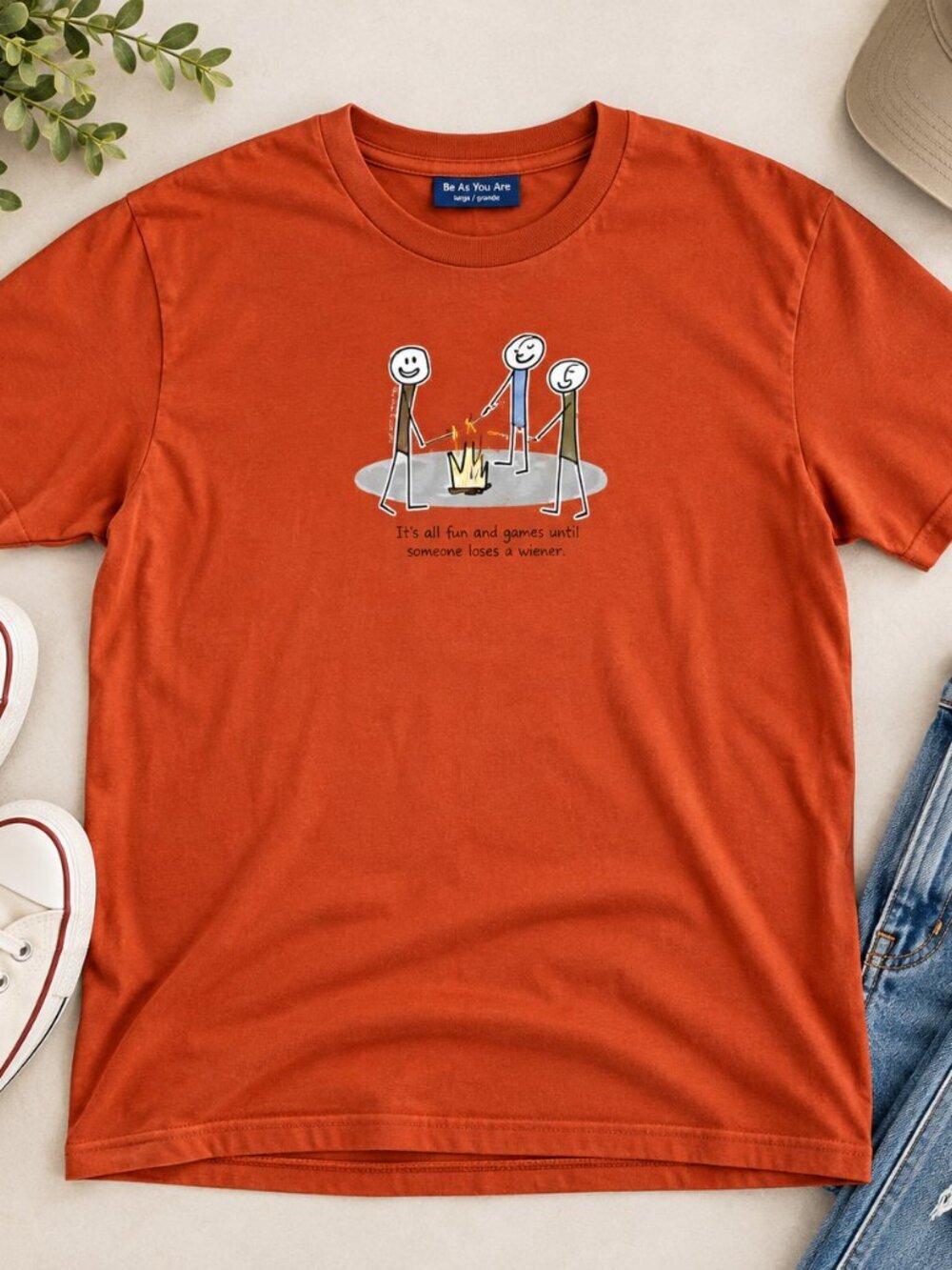 Be As You Are Orange Graphic T-Shirt Large Funny Stick Figure Campfire Tee